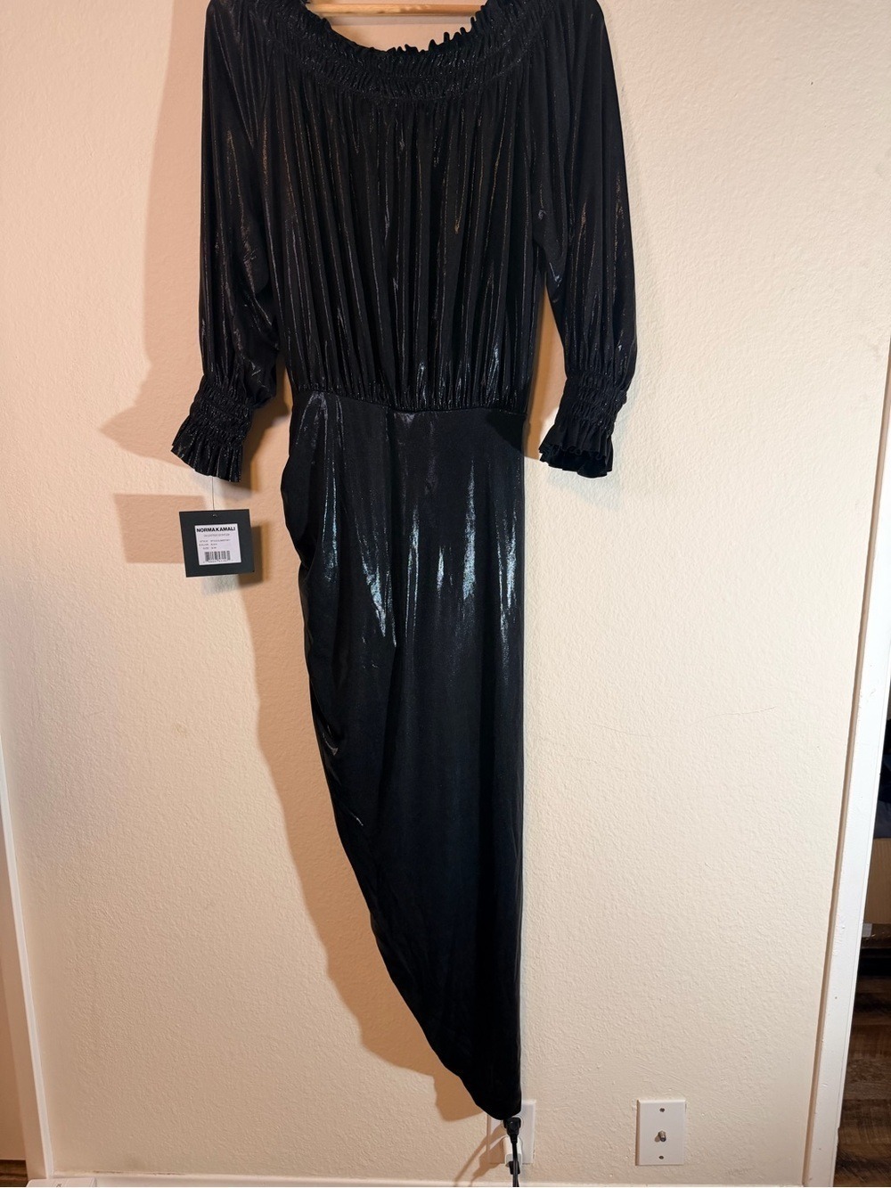 NWT Norma Kamali Long Sleeve Peasant Side Drape Gown Black Metallic S - Picture 8 of 10
